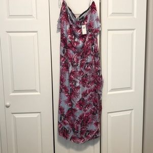 Silky full length dark pink/grey strapless dress